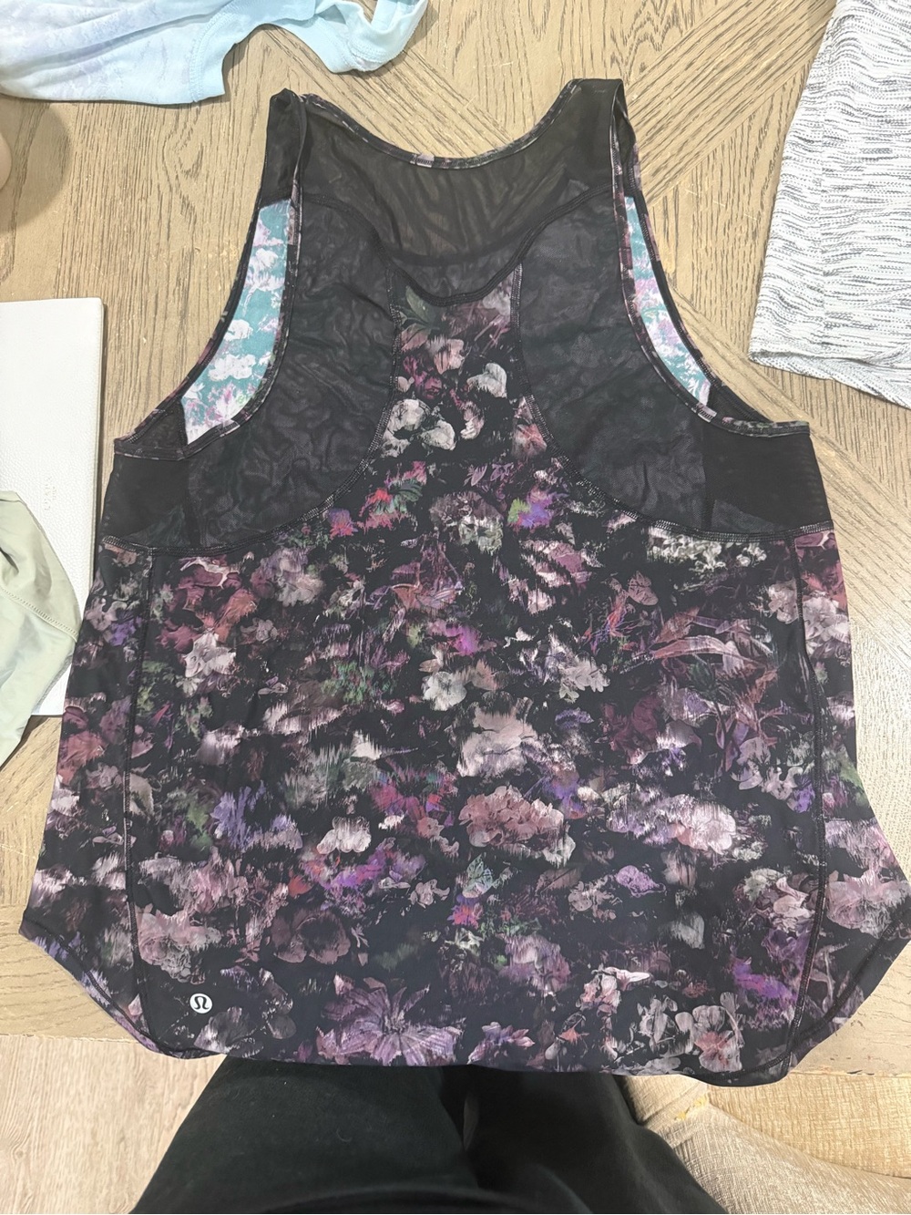lululemon athletica Black Floral Mesh-Back Tank with Purple and Pink Accents